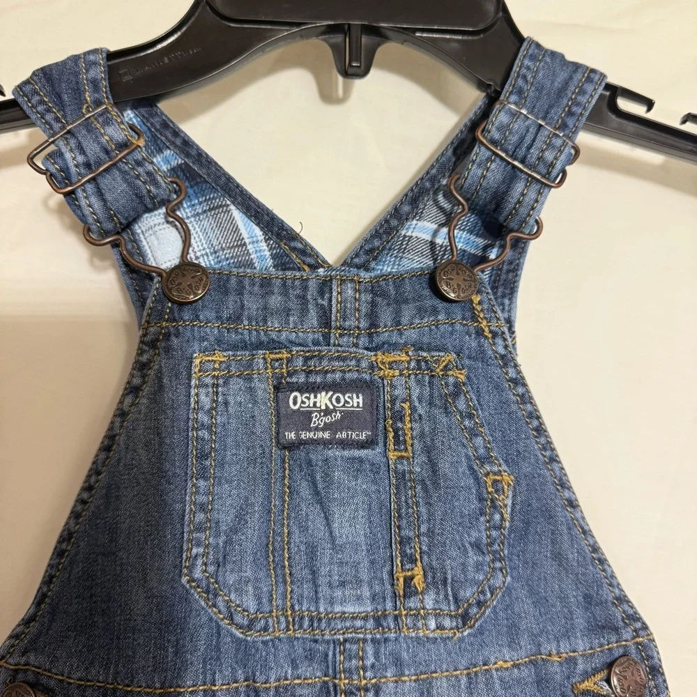 OshKosh B'gosh Blue Denim Overalls, Plaid Flannel Lined Size 9 Mo ADORABLE